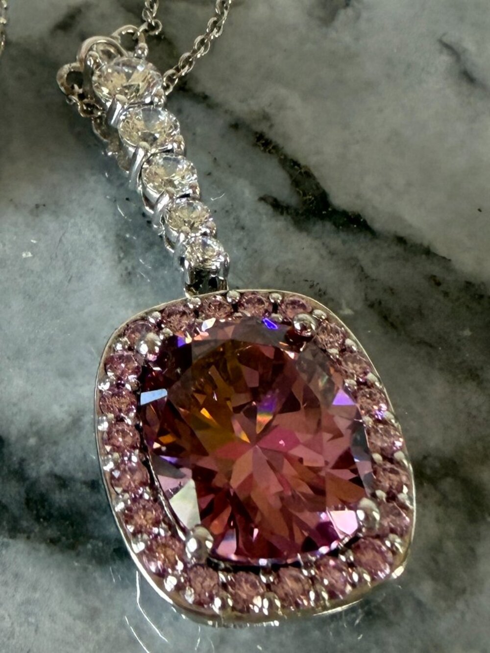 RARE Jean Dousset 925 Simulated Pink Tourmaline Cushion Cut Necklace & Pendant
